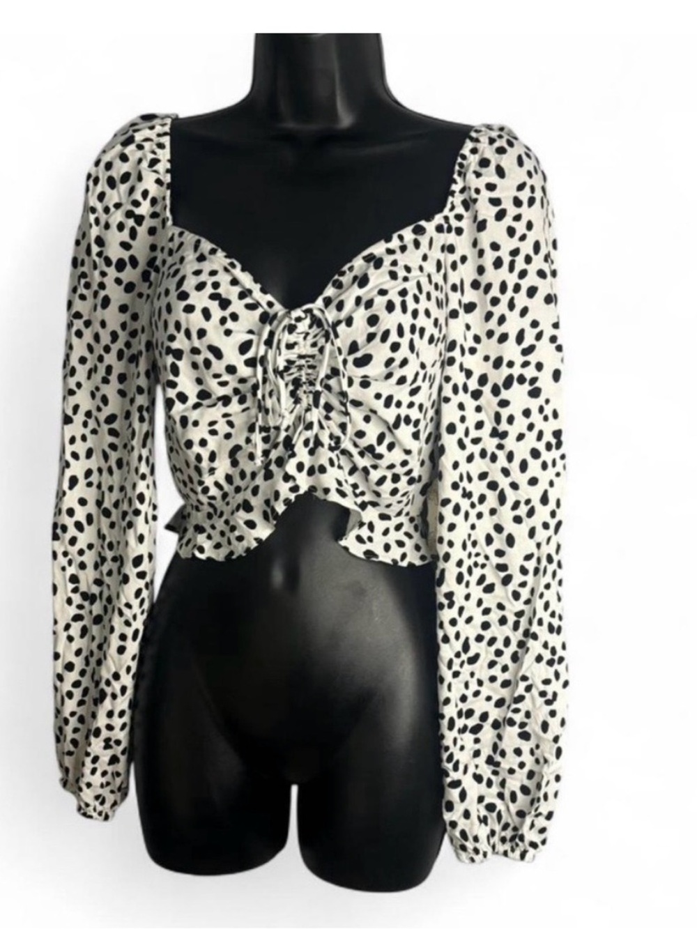 Altar'd State Cropped Retro Boho Hipster Tie-Front Top Dots Ivory/BLK SZ S